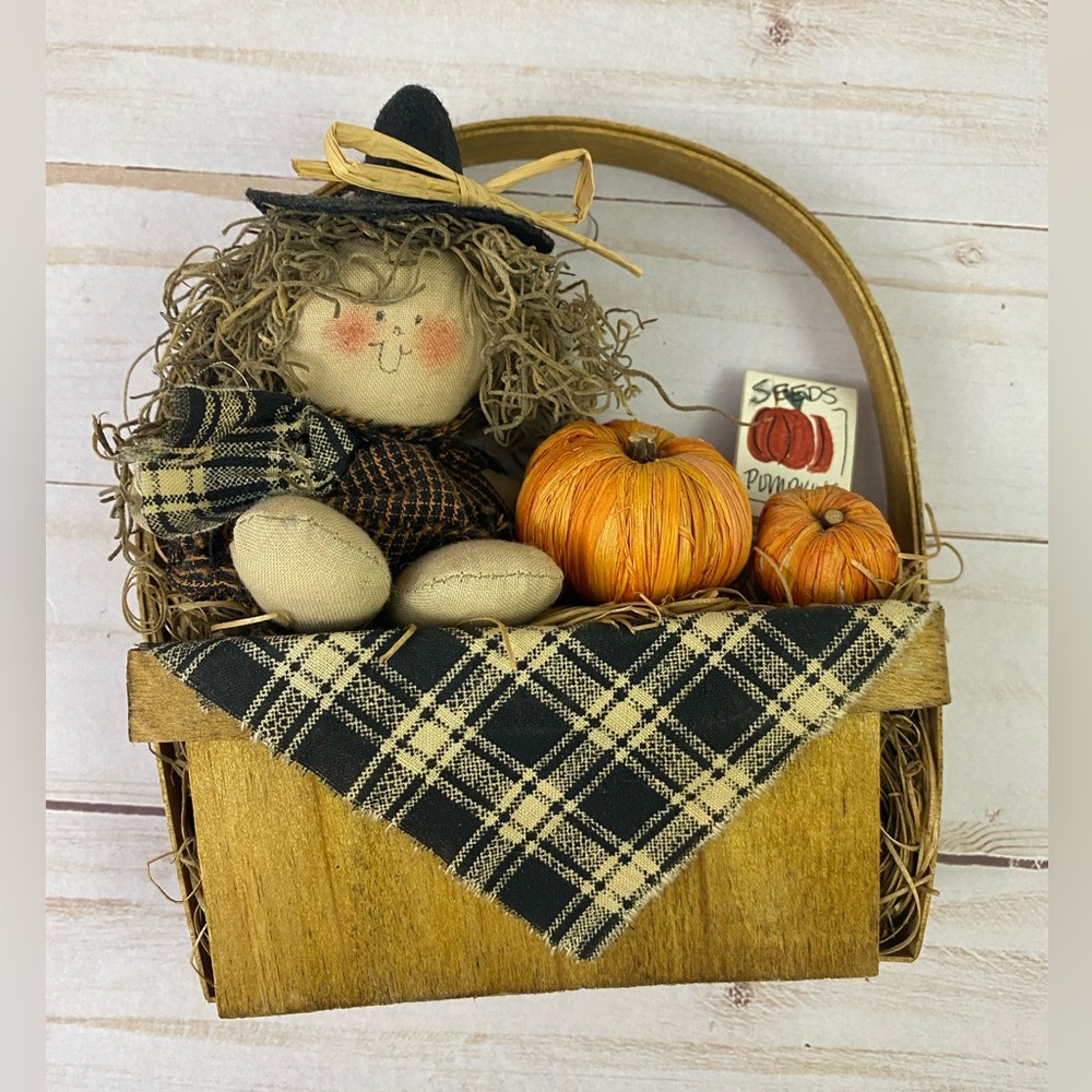 Vintage Country Halloween Decor Basket Witch & Pumpkins Hand Crafted Spooky Fall